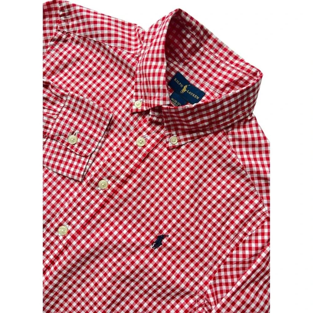 Ralph Lauren Shirt Boy M 10/12 Gingham Plaid Check Red White Blue Pony Button LS